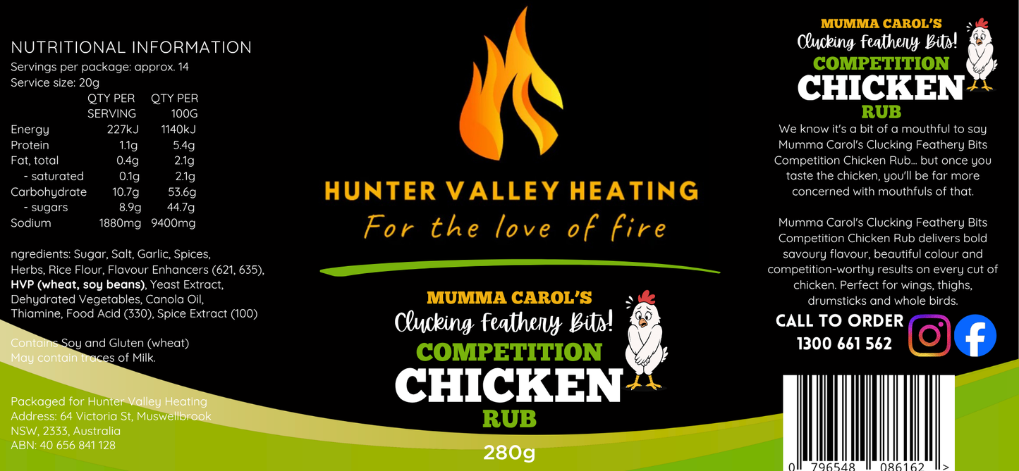 Mumma Carol’s Clucking Feathery Bits Competition Chicken Rub 280g label
