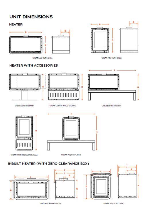 Kalora Urban LS fireplace dimensions and installation diagram
