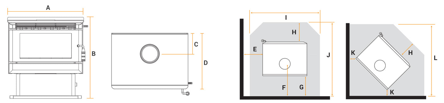 Kalora Urban PT fireplace dimensions and installation diagram