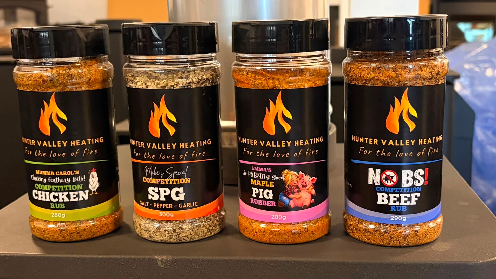 HVH Competition BBQ Rubs 4 Pack with beef, chicken, SPG and maple pork seasonings