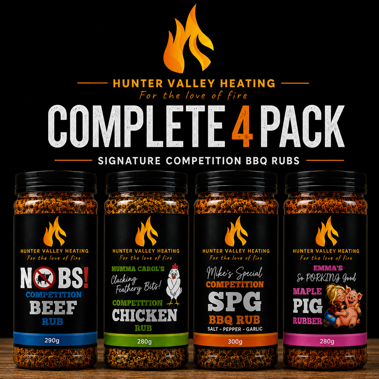 HVH Competition BBQ Rubs 4 Pack including Beef, Chicken, SPG and Maple Pig Rubs