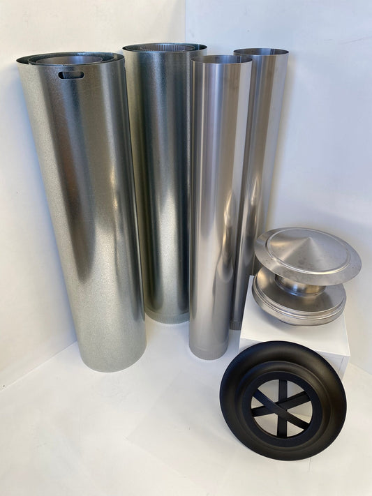 Hunter Valley Heating Signature stainless steel flue kit with connecting pipes and fittings for fireplace ventilation system.
