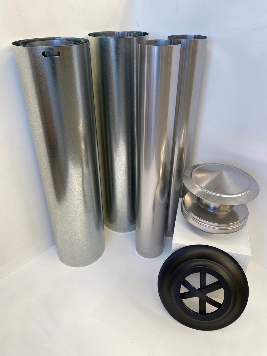Hunter Valley Heating Signature stainless steel flue kit with connecting pipes and fittings for fireplace ventilation system.