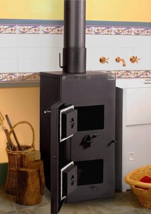 Open view of WISELIVING Dynamic 2500 Hydronic Boiler stove with laundry area in the background, showcasing its design and features.