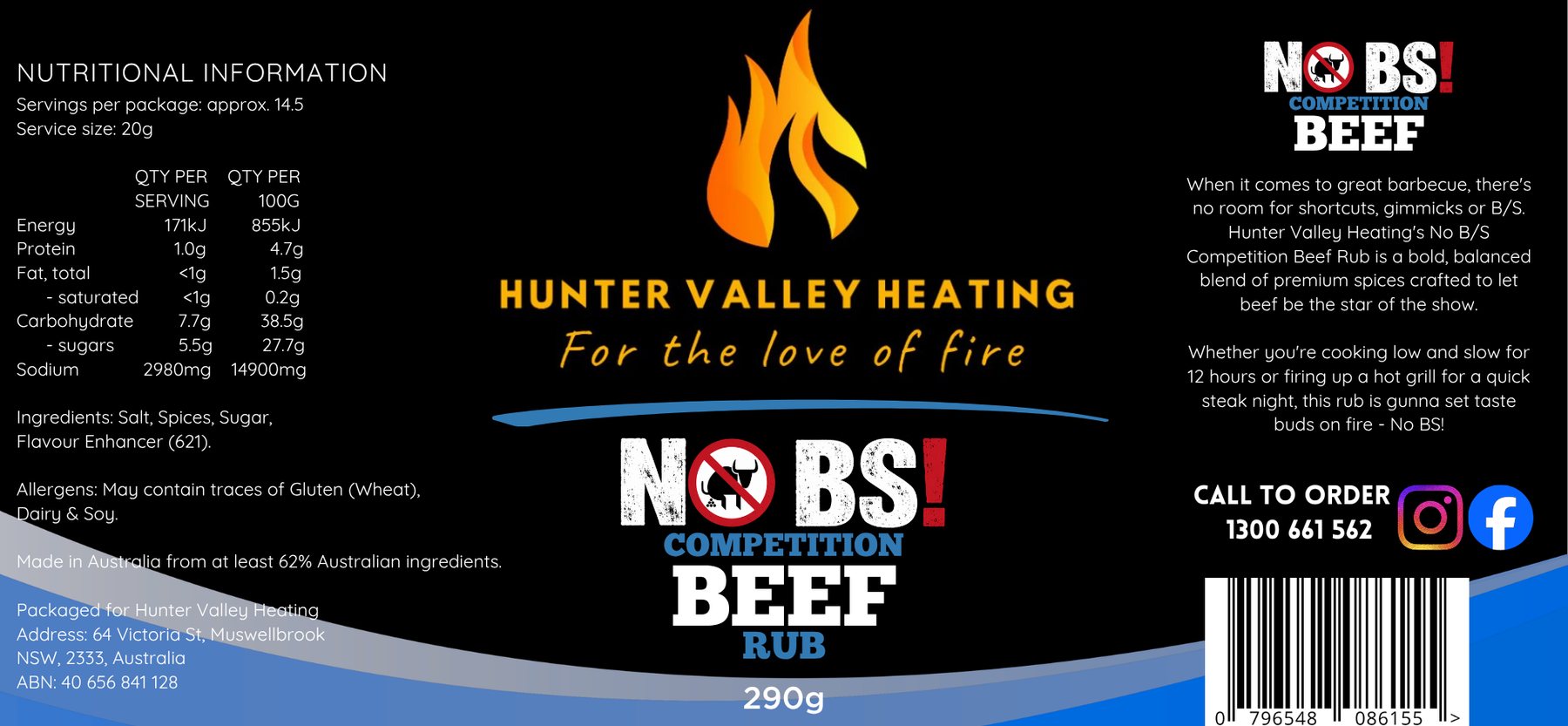 No BS! Competition Beef Rub 290g by Hunter Valley Heating label