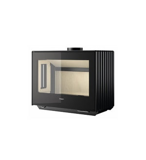 Castworks Hergóm Glance L wood fireplace with sleek black metal design and large glass front for modern living rooms.