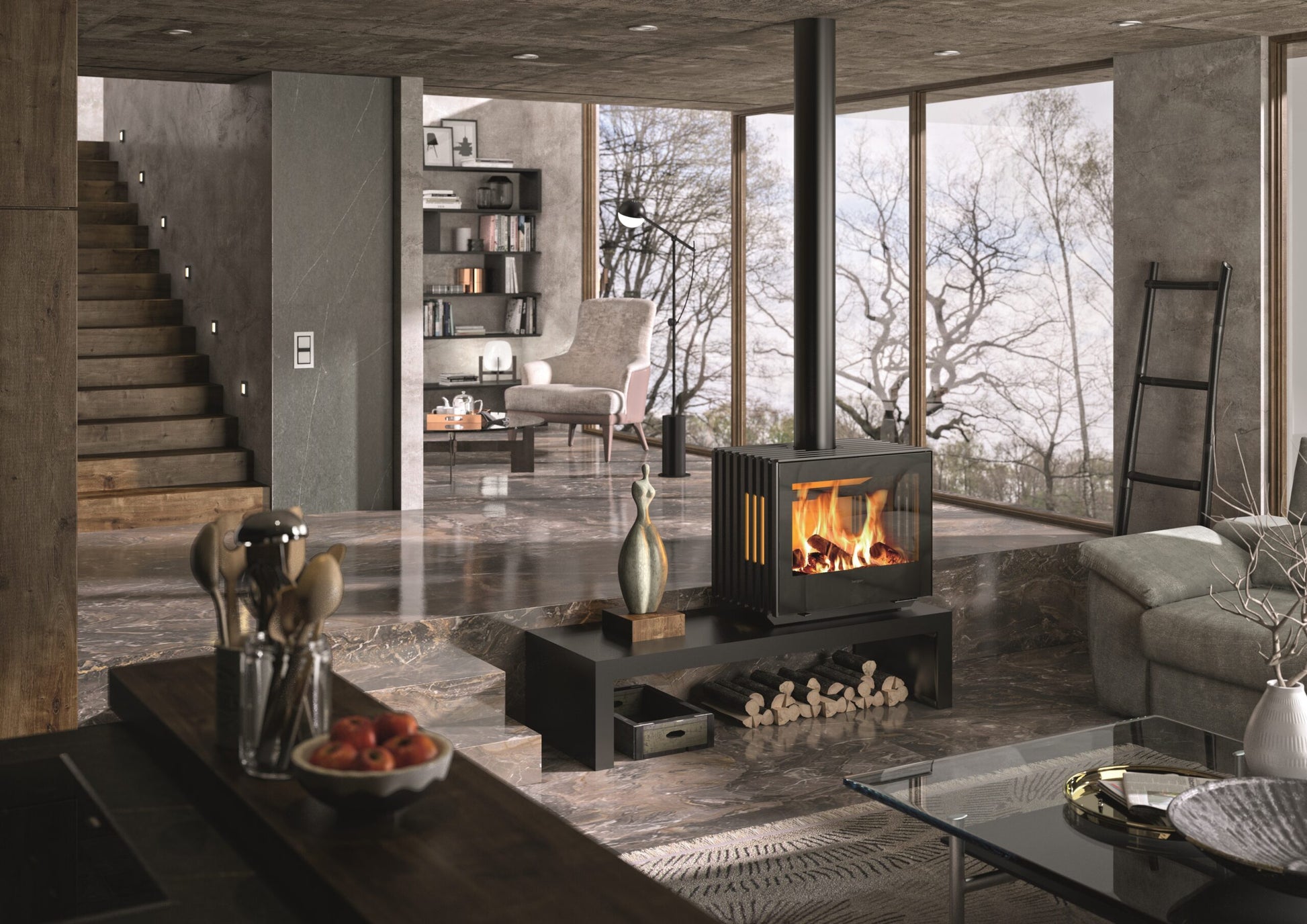 Castworks Hergóm Glance L wood fireplace with sleek black design and large glass front for modern heating and ambiance.