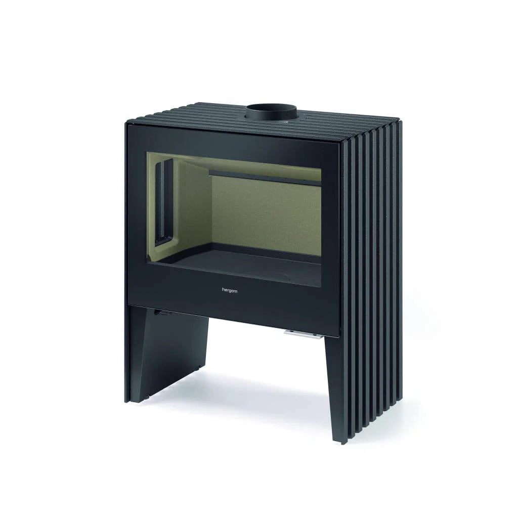 Castworks Hergóm Glance L wood fireplace with sleek modern design and large glass front for viewing the fire.