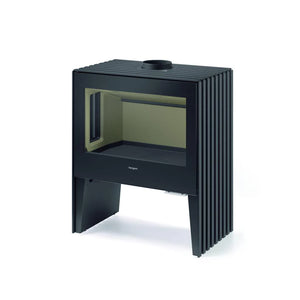 Castworks Hergóm Glance L wood fireplace with sleek modern design and large glass front for viewing the fire.