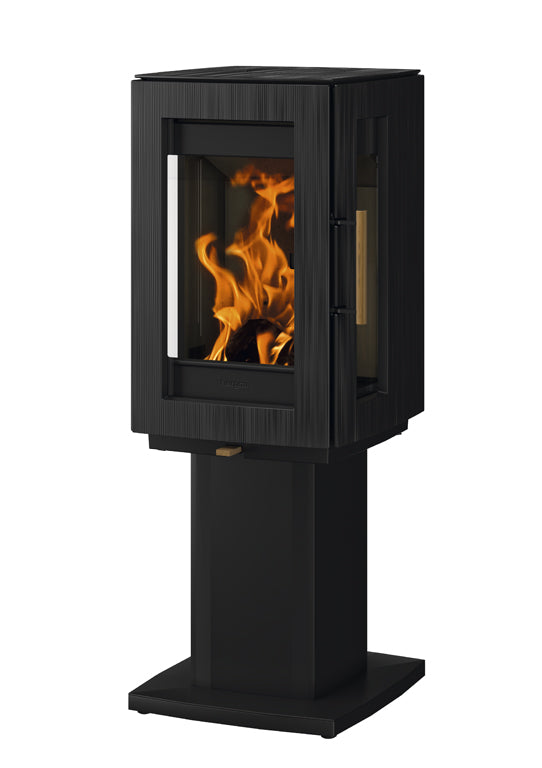 Castworks Hergóm Glow wood fireplace with a sleek modern design and glass front for a warm, cozy fire.