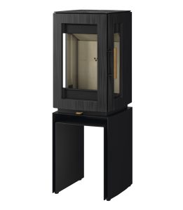 Castworks Hergóm Glow wood fireplace with sleek design, showing the unit’s front view and modern fireplace features.