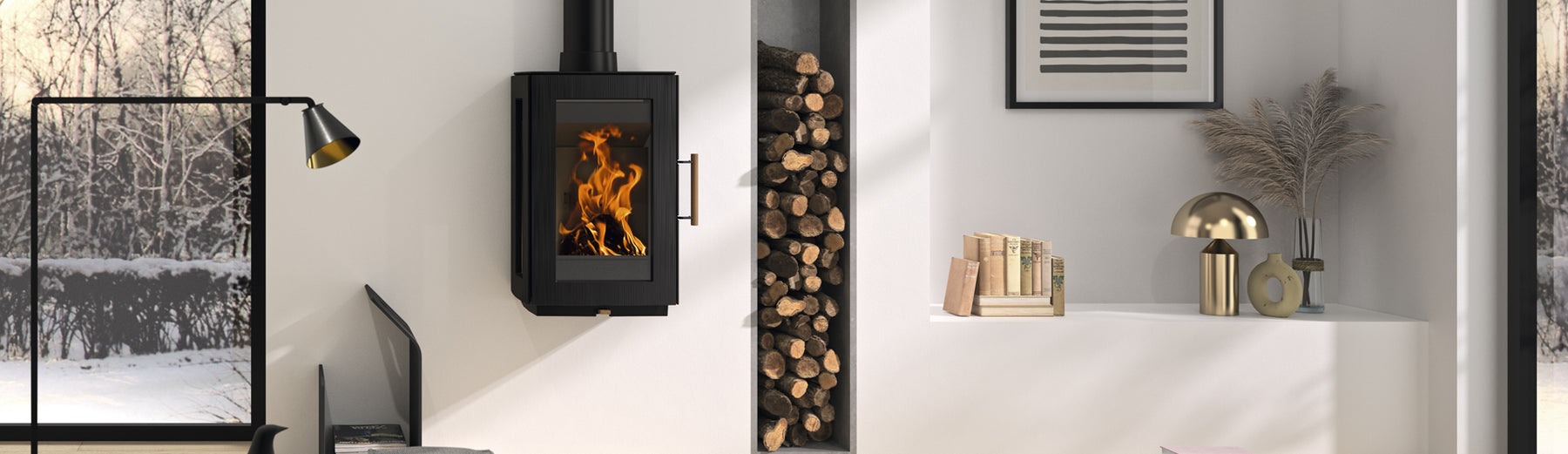 Castworks Hergóm Glow wood fireplace showing a modern, sleek fireplace with glass front and warm interior flames.