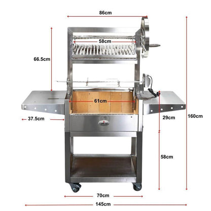 Stainless Steel Parrilla Argentinian BBQ with Rotisserie 610mm x 550mm - Stoves & Cooktops - Flaming Coals - Hunter Valley Heating 