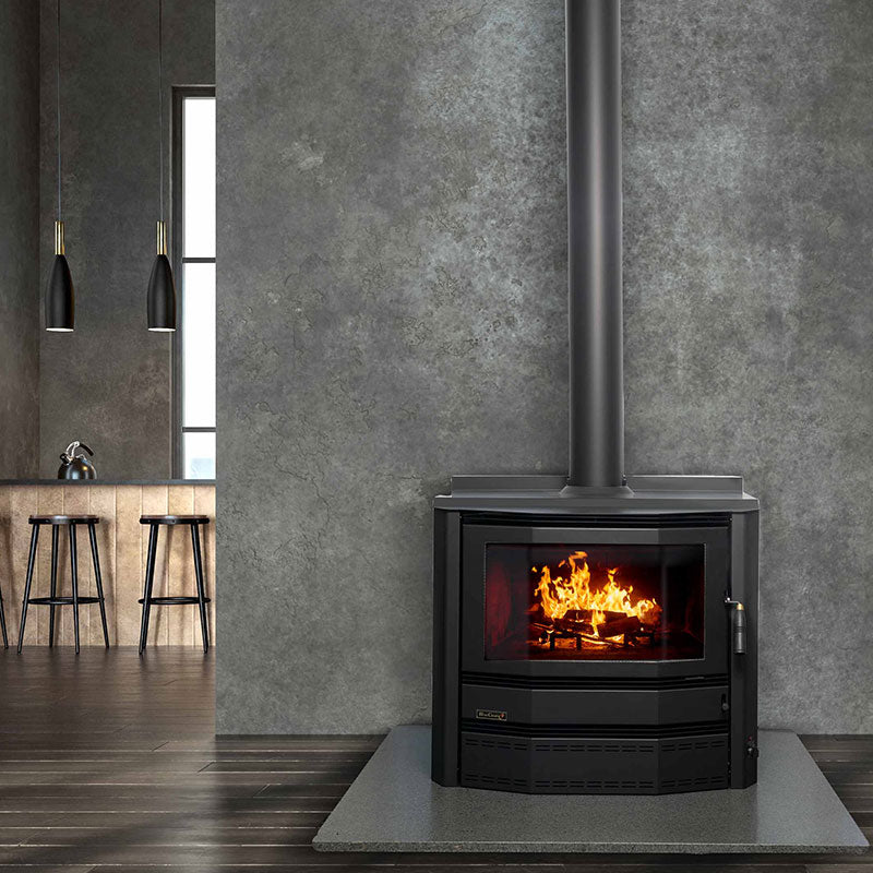 Heatcharm C600 Port Phillip Console wood fireplace with sleek black finish and modern design, showcasing the fireplace front and interior.