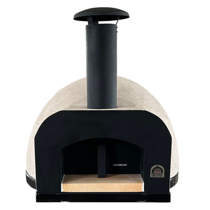 HVH Pizza Ovens HVH70 Nero preassembled pizza oven with black exterior and stainless steel accents, ready for baking pizzas.