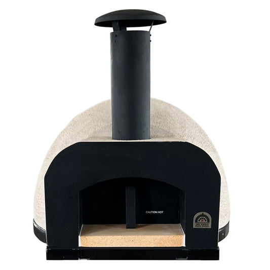 HVH Pizza Ovens HVH70 Nero preassembled pizza oven with black exterior and stainless steel accents, ready for baking pizzas.