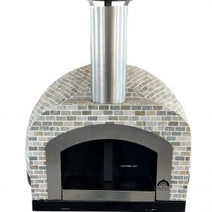 HVH70 Tiled Preassembled Pizza Oven by HVH Pizza Ovens, showing the compact tiled exterior and oven door for pizza baking.