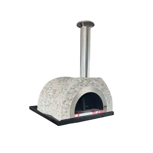 HVH Pizza Ovens HVH90 Tiled Dome Preassembled Pizza Oven with a tiled dome and stainless steel exterior for outdoor pizza cooking.