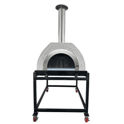 HVH Pizza Ovens HVH90 Tiled Dome Preassembled Pizza Oven with ceramic tiles and stainless steel exterior for outdoor pizza cooking.