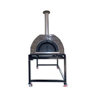 HVH Grande Tiled Preassembled Pizza Oven by HVH Pizza Ovens with a mushroom pizza inside, showcasing its tiled exterior and baking capacity.