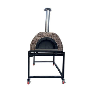 HVH Grande Tiled Preassembled Pizza Oven from HVH Pizza Ovens with mushroom topping, showcasing its tiled exterior and compact design.