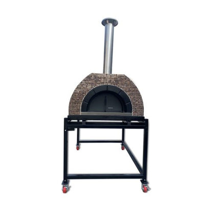 HVH Grande Tiled Preassembled Pizza Oven from HVH Pizza Ovens with mushroom topping, showcasing its tiled exterior and compact design.