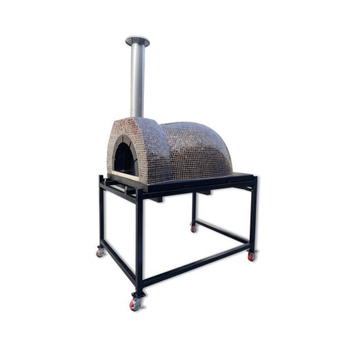 HVH Grande Tiled Preassembled Pizza Oven from HVH Pizza Ovens with a mushroom pizza inside, showcasing its high-quality build and design.