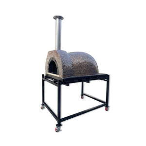 HVH Grande Tiled Preassembled Pizza Oven from HVH Pizza Ovens with a mushroom pizza inside, showcasing its high-quality build and design.