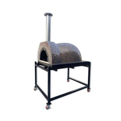 HVH Grande Tiled Preassembled Pizza Oven from HVH Pizza Ovens with a mushroom pizza inside, showcasing its high-quality build and design.