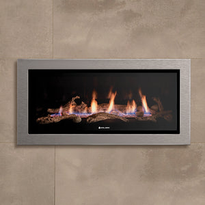 Kalora Sorrento gas fireplace with modern glass and driftwood design