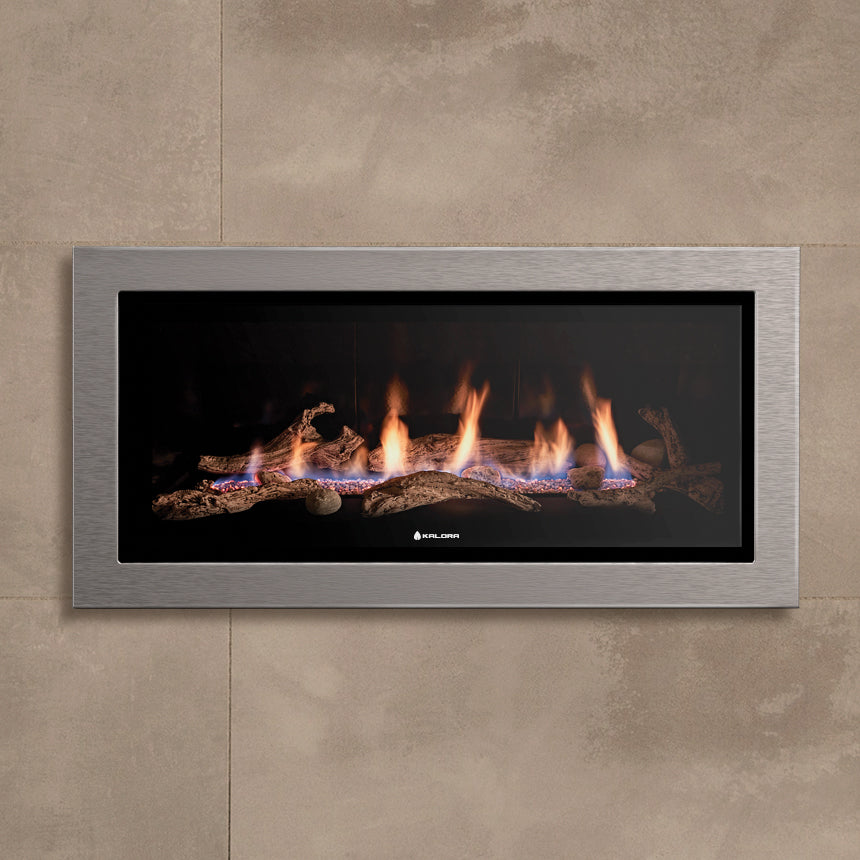 Kalora Sorrento gas fireplace with modern glass and driftwood design