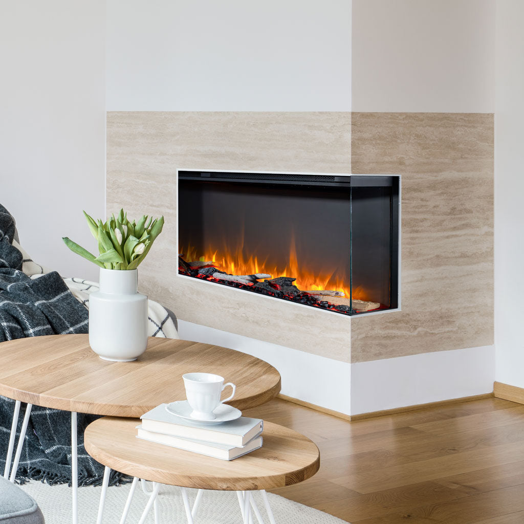 Kalora Zenith electric fireplace with 3-sided flame display