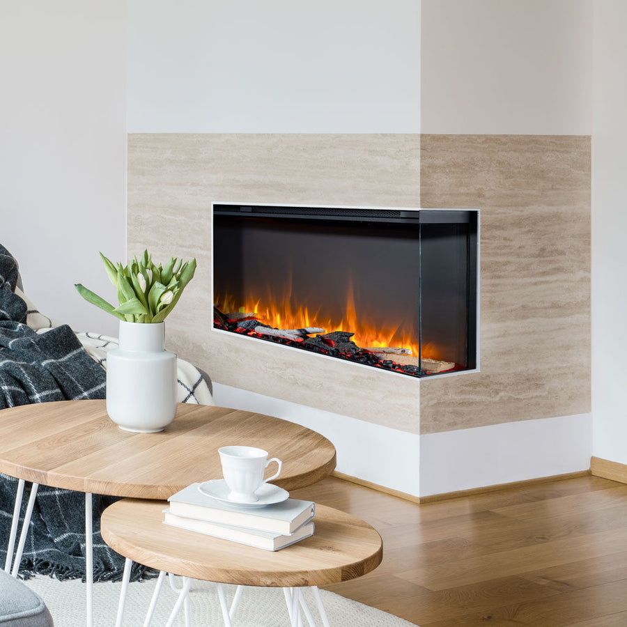 Kalora Zenith electric fireplace with 3-sided flame display