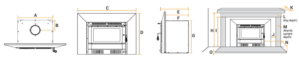 Kalora Accent fireplace installation dimensions and specifications