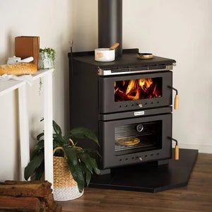 Kalora Fusion wood heater burning in traditional home setting
