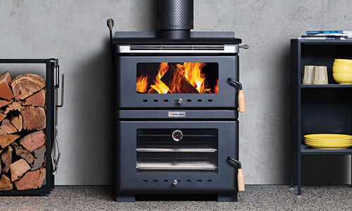 Kalora Fusion stove style fireplace with wood storage and fire burning