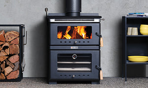 Kalora Fusion stove style fireplace with wood storage and fire burning