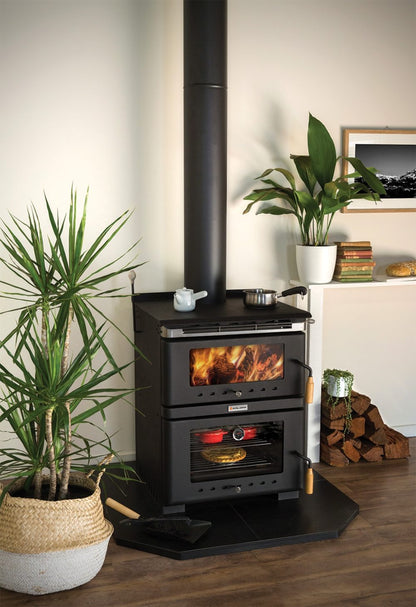 Kalora Fusion stove style fireplace with wood storage and fire burning