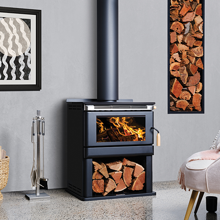 Kalora 500BX wood fireplace with built-in wood storage base