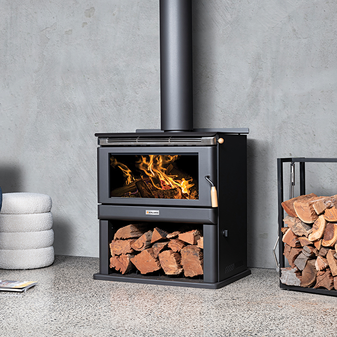 Kalora 600BX wood fireplace with built-in wood storage pedestal