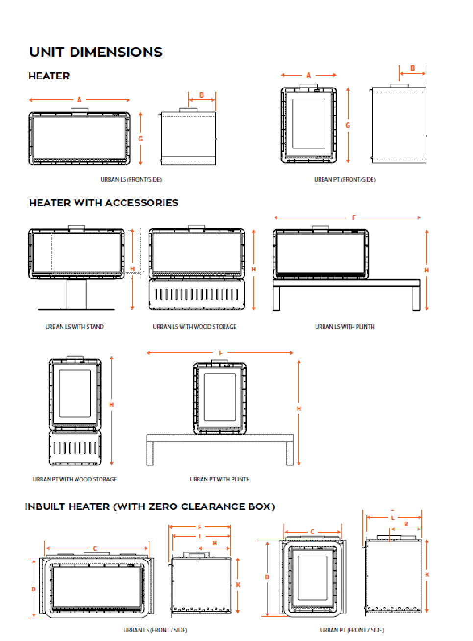 Kalora Urban LS fireplace dimensions and installation diagram