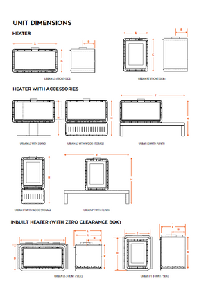 Kalora Urban LS fireplace dimensions and installation diagram