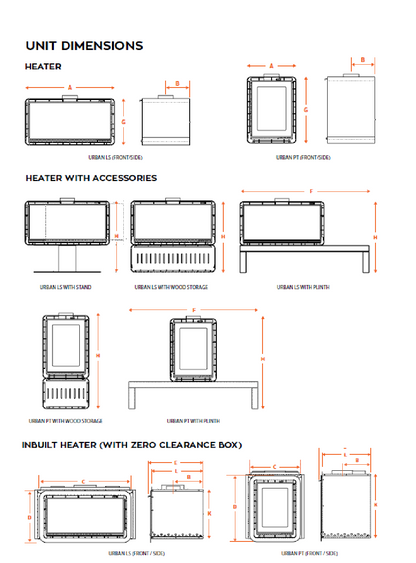 Kalora Urban LS fireplace dimensions and installation diagram