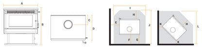 Kalora Urban PT fireplace dimensions and installation diagram