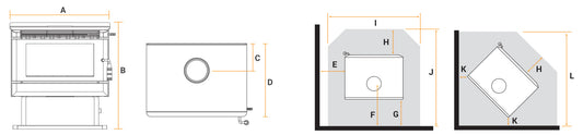 Kalora Urban PT fireplace dimensions and installation diagram