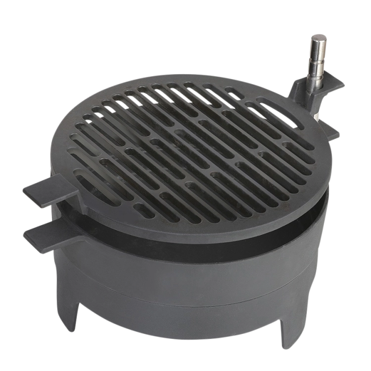 Morsø Grill ‘71 Table outdoor grill with black metal frame and wooden side tables, ideal for outdoor cooking and dining.