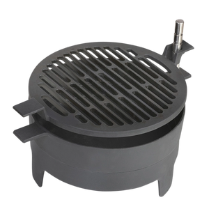 Morsø Grill ‘71 Table outdoor grill with black metal frame and wooden side tables, ideal for outdoor cooking and dining.