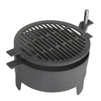 Morsø Grill ‘71 Table outdoor grill with black metal frame and wooden side tables, ideal for outdoor cooking and dining.