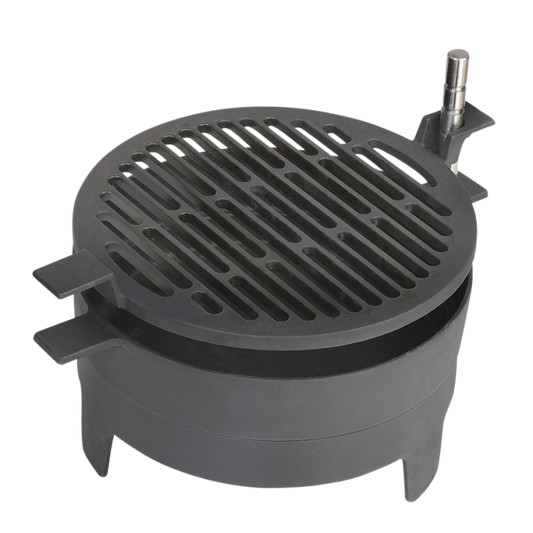 Morsø Grill ‘71 Table outdoor grill with black metal frame and wooden side tables, ideal for outdoor cooking and dining.
