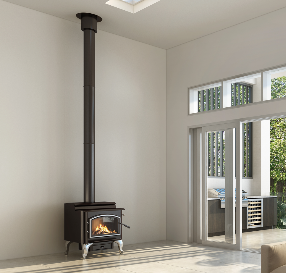 Quadra-Fire 5700 Step Top fireplace stove with black finish and glass door, designed for heating and cooking in a versatile stove.